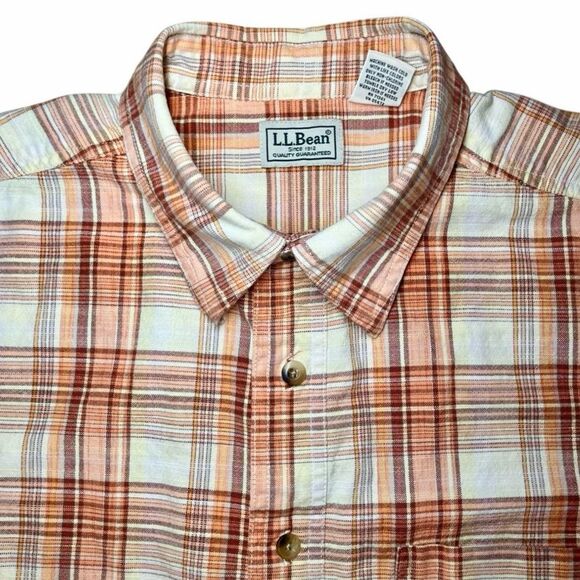 LL Bean Plaid Short Sleeve Button Down in Cream/Orange Men’s L - Picture 1 of 6